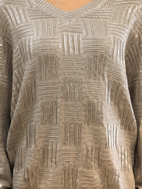 V Neck Textured Sweater With Foiling