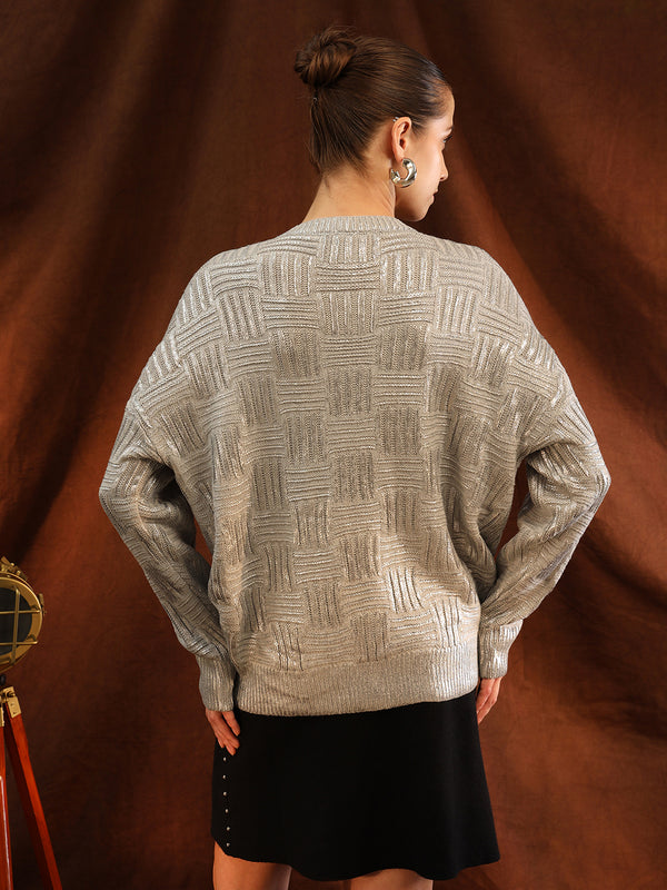 V Neck Textured Sweater With Foiling