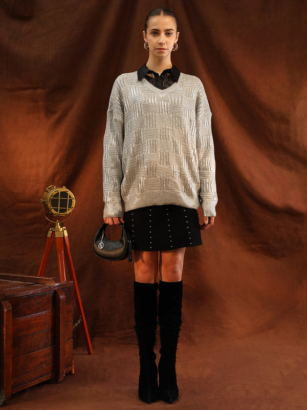 V Neck Textured Sweater With Foiling