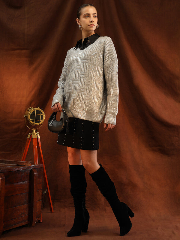V Neck Textured Sweater With Foiling