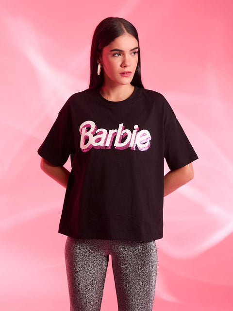 Barbie™ Mattel Logo Printed T-Shirt With Sequin Work