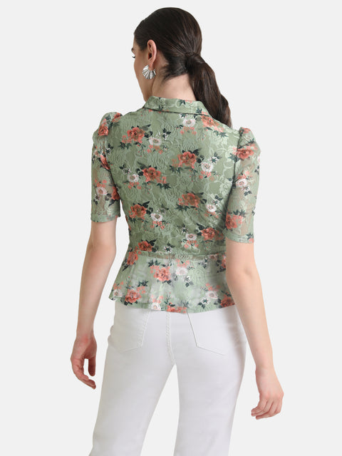 Printed Stretch Lace Peplum Shirt