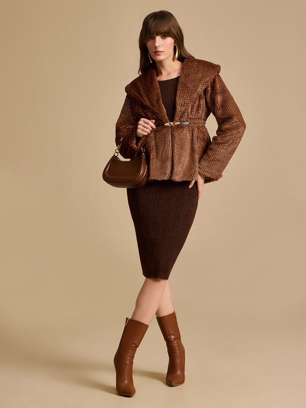 Foiled Fur Peplum Jacket With Gold Trim