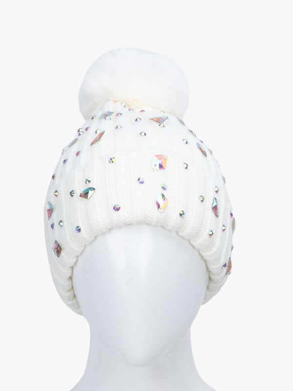 Studded Beanie With Fur Pom Pom