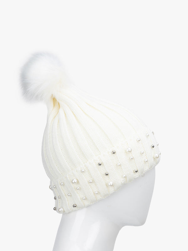 Fur Pom Pom Beanie With Beads