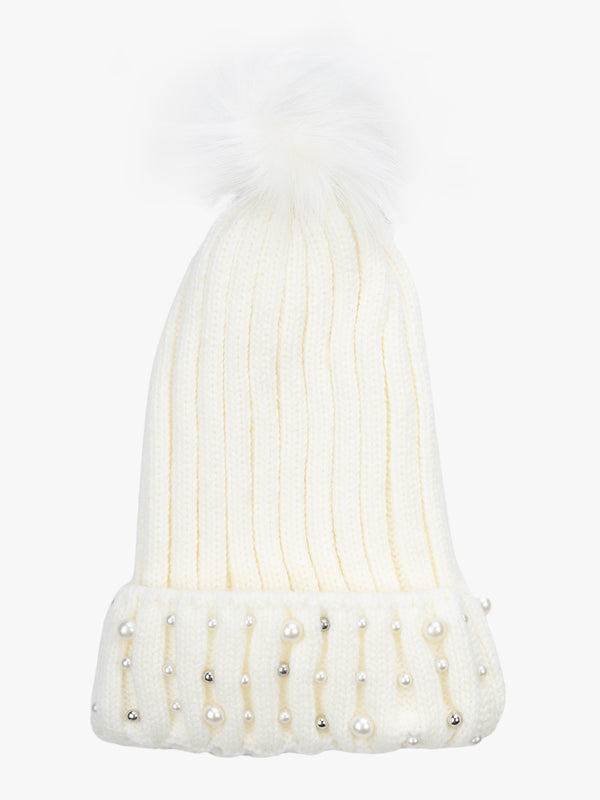 Fur Pom Pom Beanie With Beads