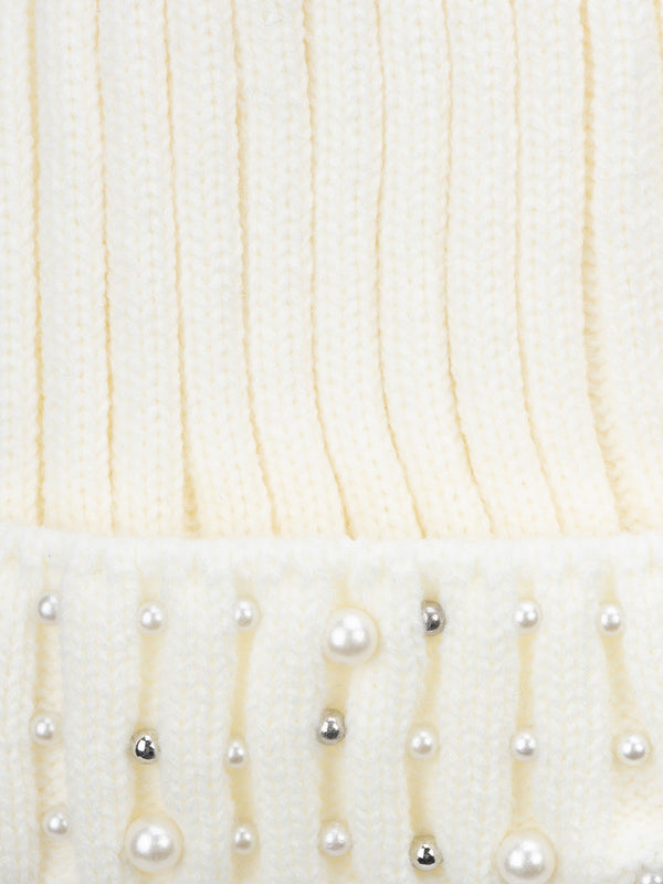 Fur Pom Pom Beanie With Beads