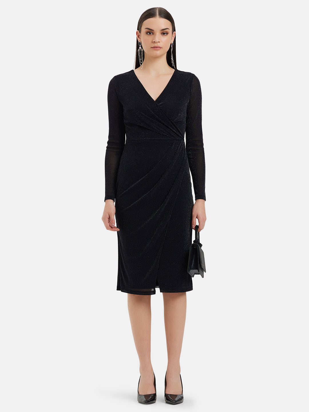 Wrap Black Solid Midi Dress for Women