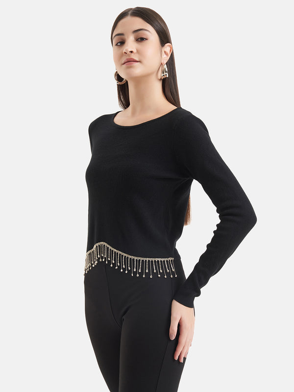 Cropped Pullover With Embellished Fringes