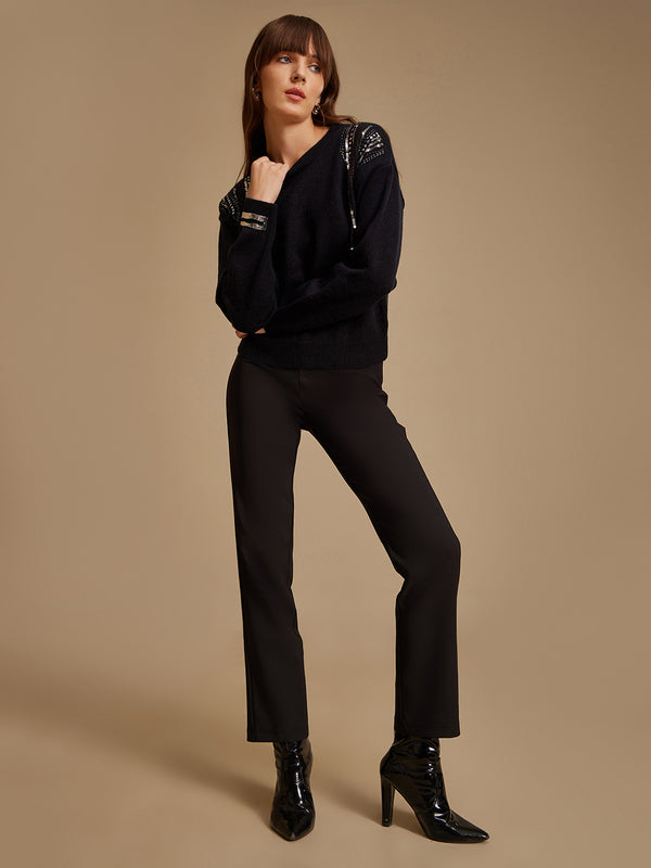 Cropped - Textured Pullover With Collar And Embellishment