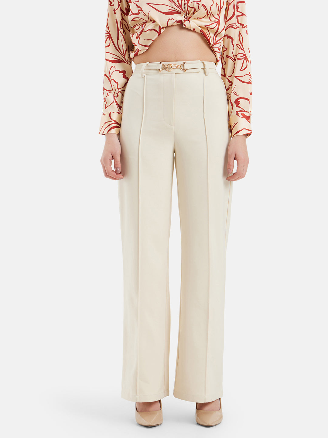 Amber Wide Leg Beige Trousers for Women Trendy and Stylish