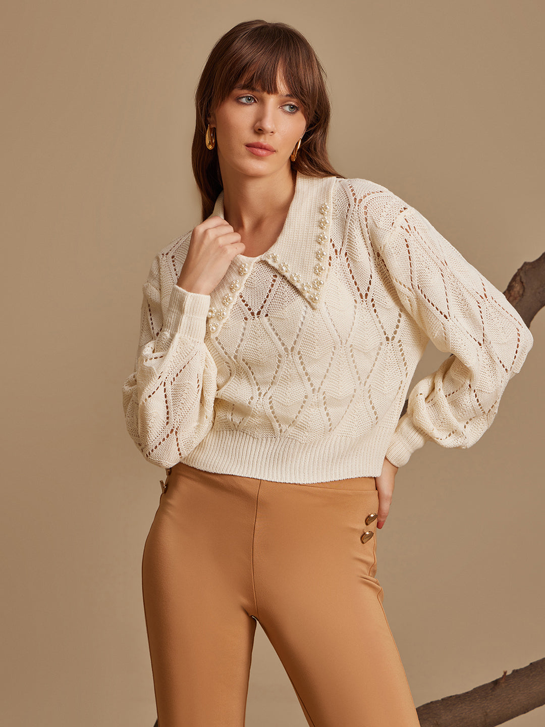 Cropped Textured Pullover With Collar And Embellishment KAZO