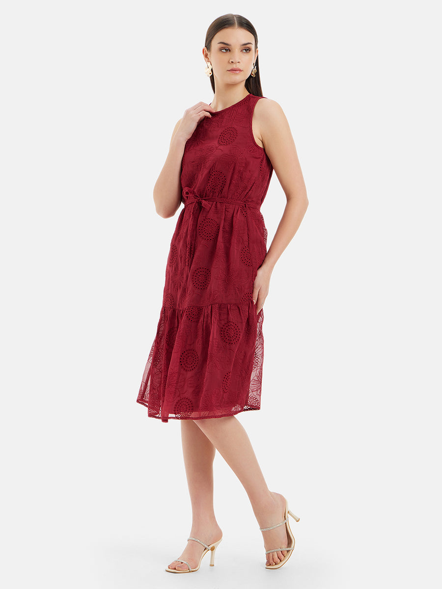 Floral Embroidered Midi Dress With TieUp At Waist Maroon Designer Maxi Dress KAZO