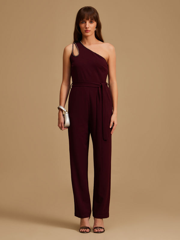 One Shoulder Jumpsuit With Swaroski Chain