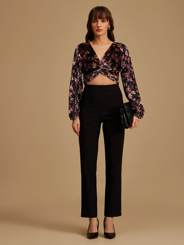 Printed Velvet Top With Knot