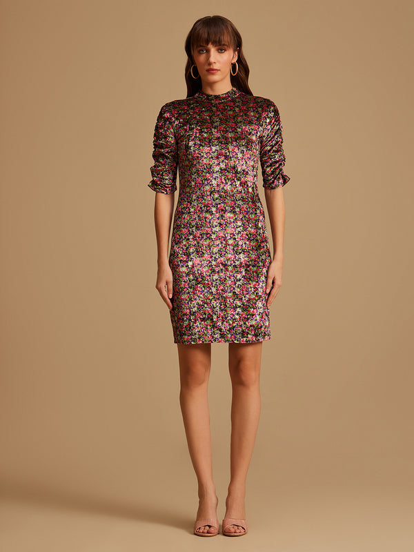 Printed Velvet Mini Dress With Ruching
