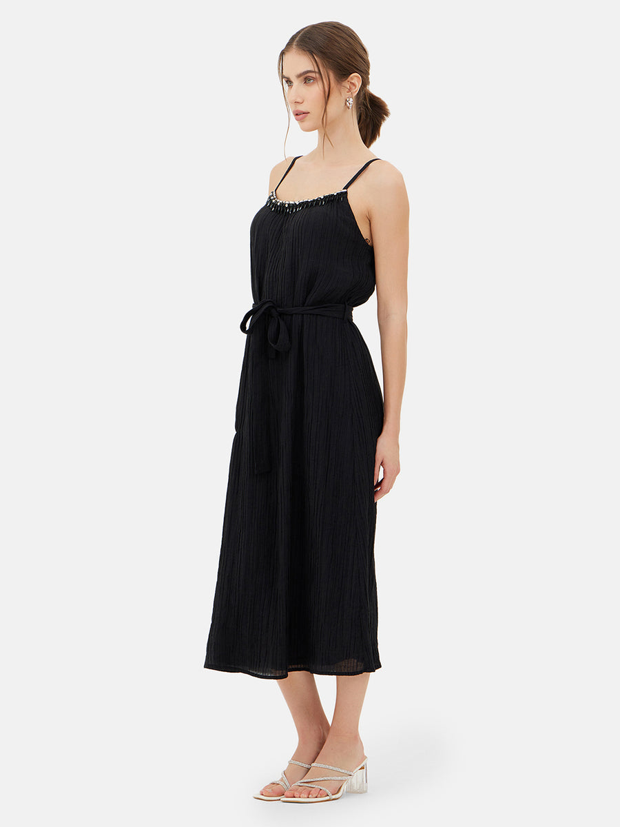 Strappy Midi Dress With Embellished Neckline and Belt Kazo KAZO