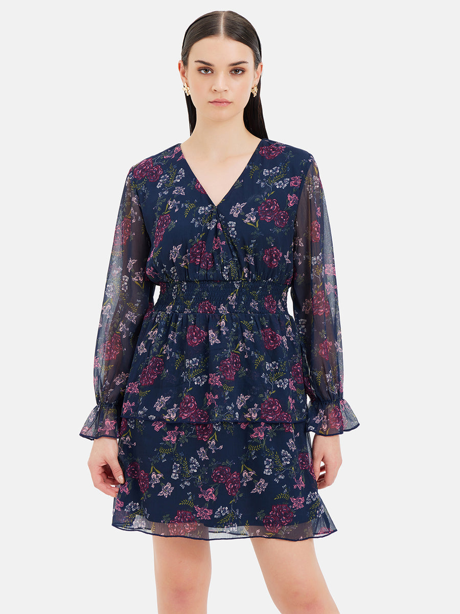 Floral Printed Wrap Mini Dress With Tiers Navy Casual Chiffon Dress KAZO