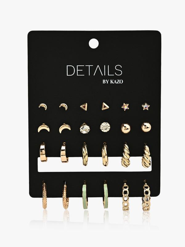 Set of 12 Gold Hoop and Stud Earrings