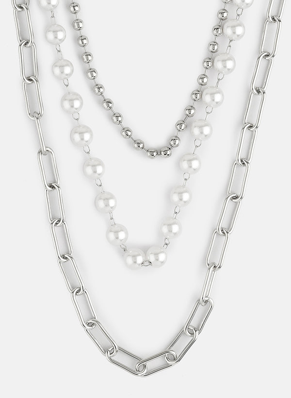 Multilayered Silver Pearl Jeans Chain