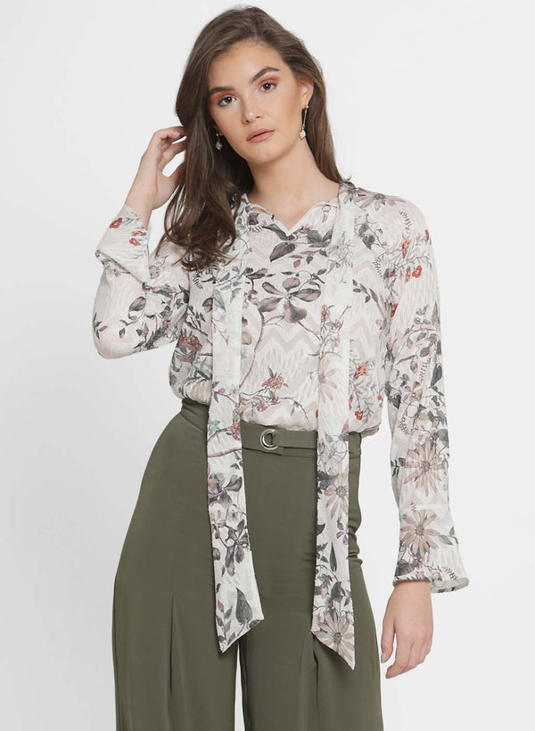 Cheryl Printed Pussy Bow Top