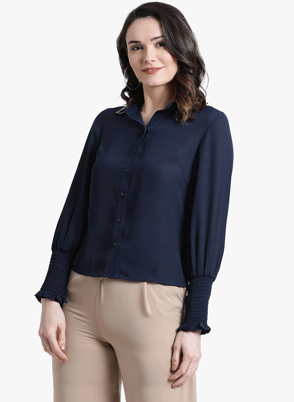 Collar Top With Smocking Sleeves