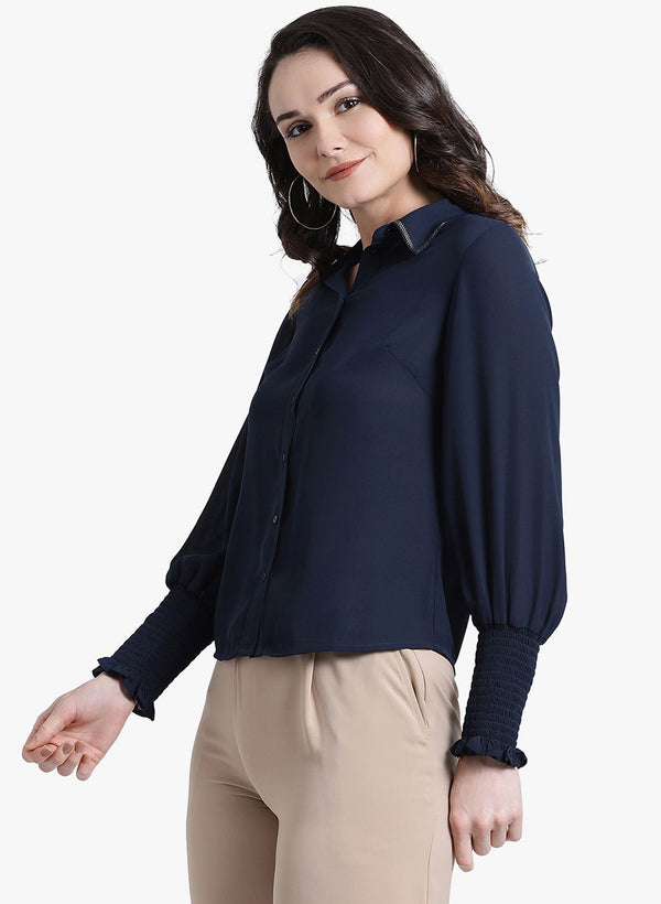 Collar Top With Smocking Sleeves