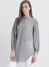 Grey Solid Shirt With Smocking At Sleeves