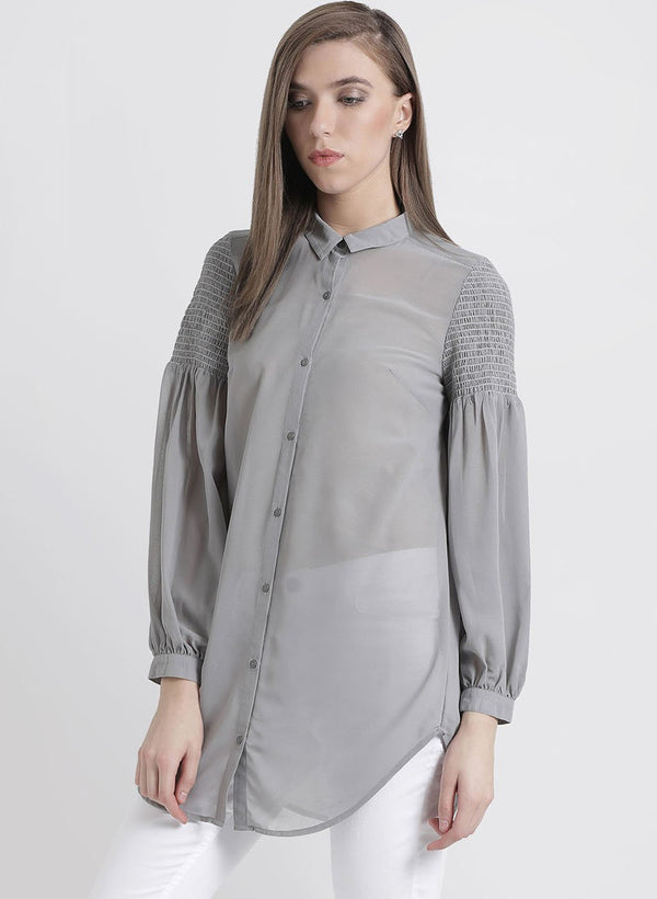 Grey Solid Shirt With Smocking At Sleeves