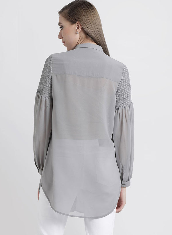 Grey Solid Shirt With Smocking At Sleeves