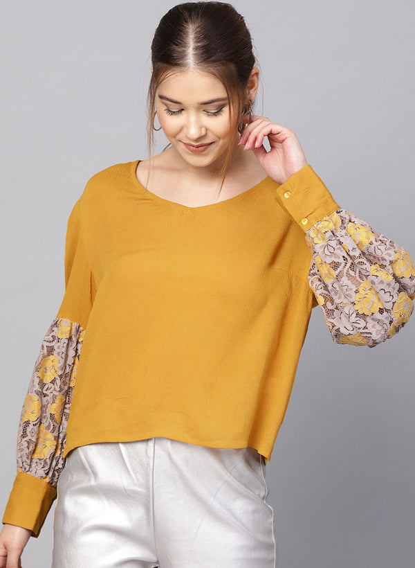 V Neck Top With Lace Insert At The Sleeves