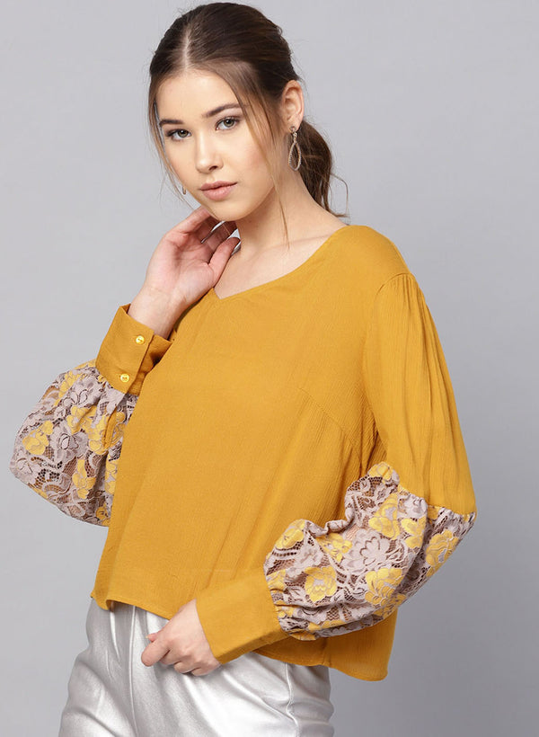 V Neck Top With Lace Insert At The Sleeves