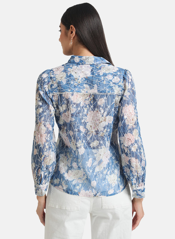 Printed & Embroidered Shirt With Scallop Lace Detail