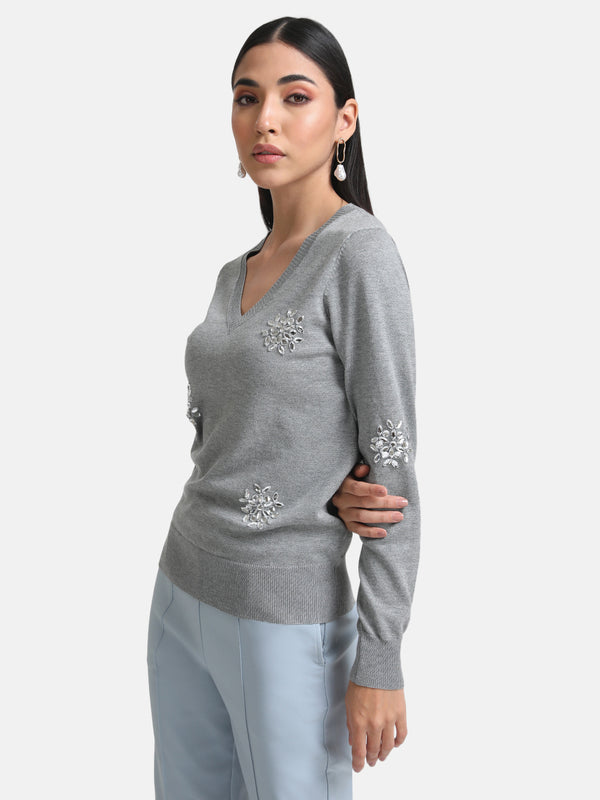 V Neck Embellished Pullover