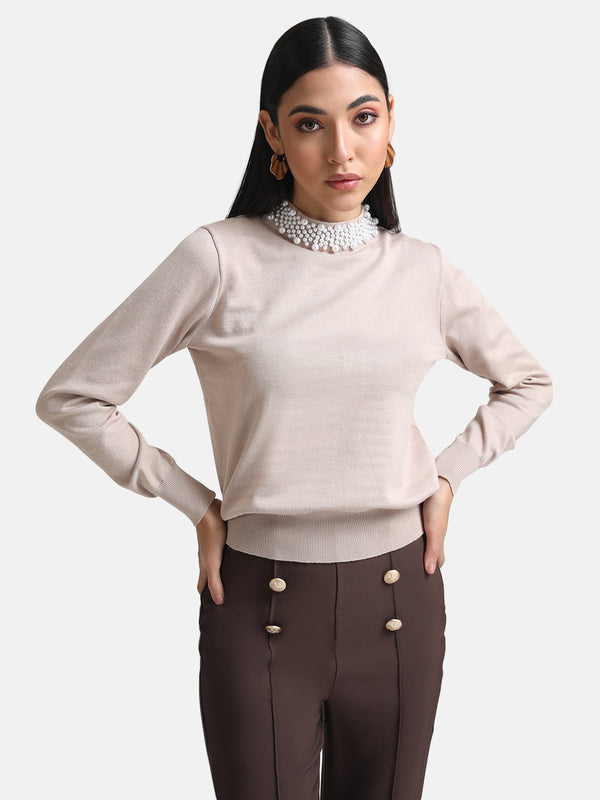 Pullover With Pearl Embellishment At Neck