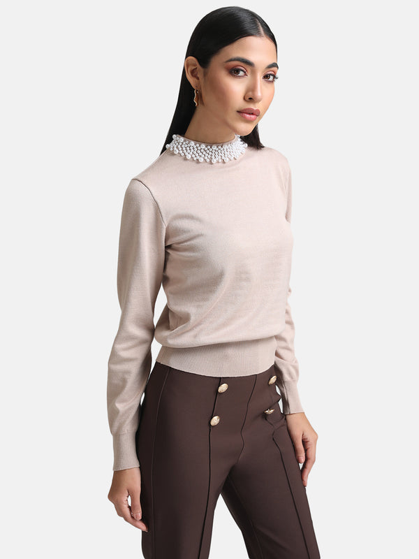Pullover With Pearl Embellishment At Neck