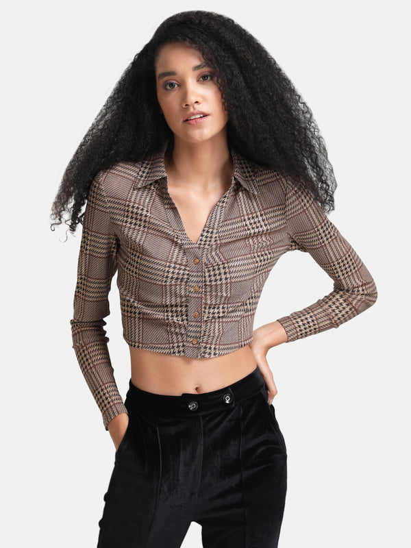 Printed Lurex Cropped Shirt With Ruching