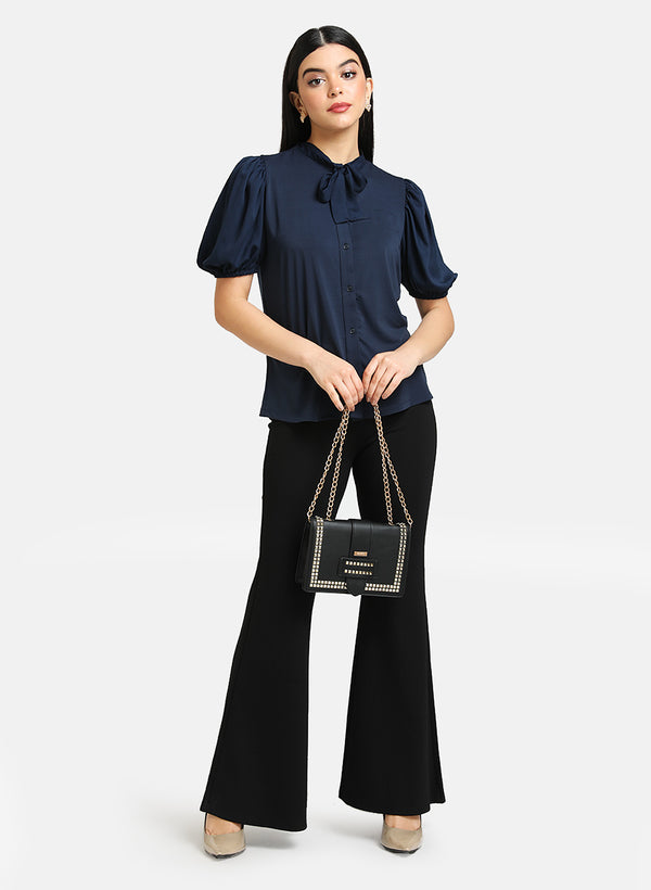 Puff Sleeves Top With Tie Knot Detail