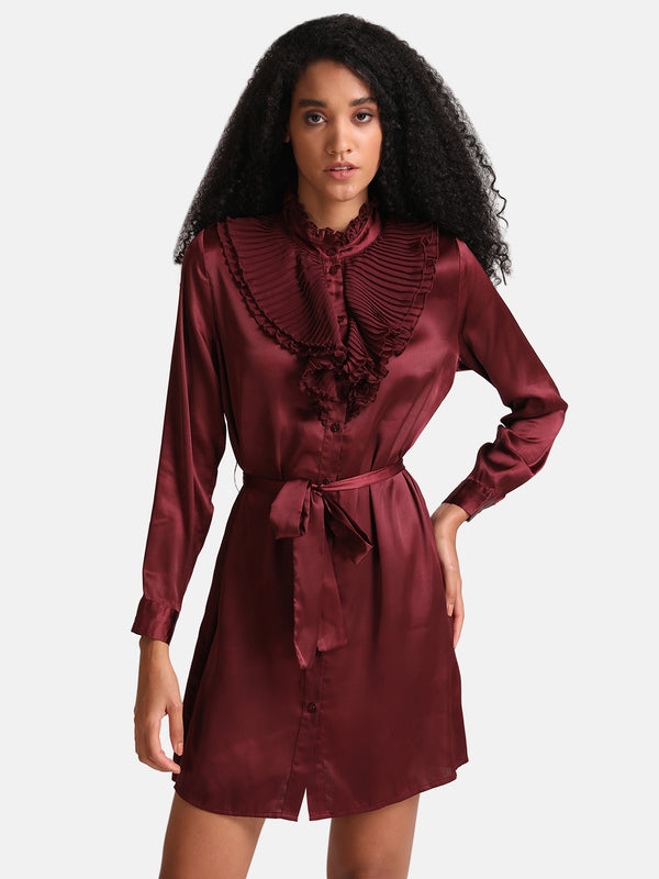 Kazo Maroon Pleated Ruffle Detailed Shirt
