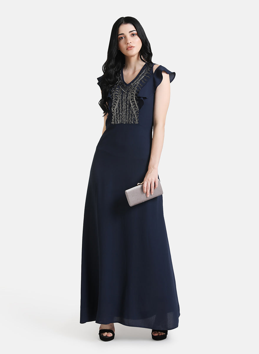 Embellished Maxi Dress With Ruffles Elegant Maxi Dresses KAZO