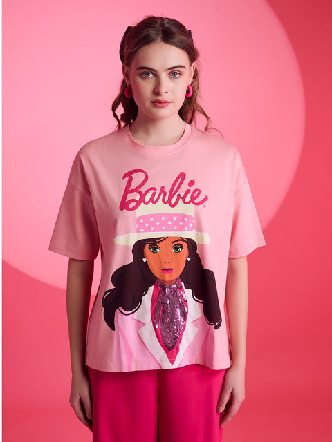 Barbie™ Mattel Pink Printed Graphic T-Shirt With Sequin Work