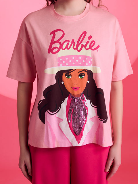 Barbie™ Mattel Pink Printed Graphic T-Shirt With Sequin Work