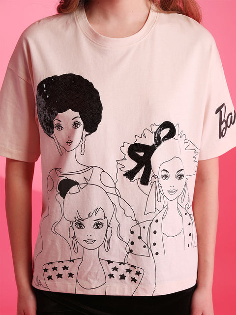 Barbie™ Mattel Outline Print Graphic T-Shirt With Sequin Work