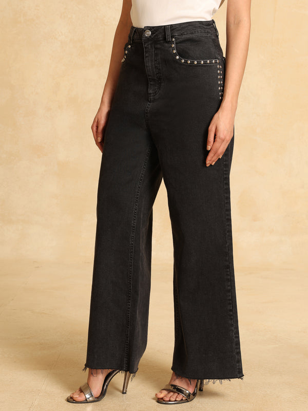 Wide Leg Jeans With Rivet Detail