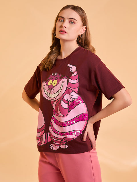 Cheshire Cat © Disney Printed T-Shirt With Sequin Work