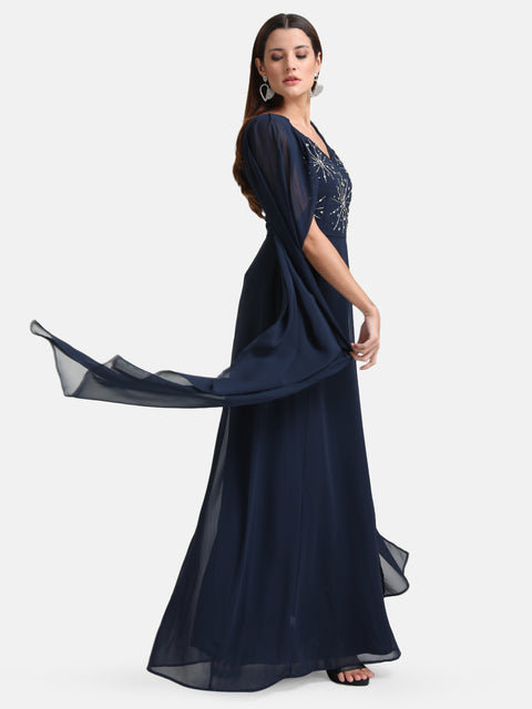 Embellished Cape Sleeve Maxi Dress