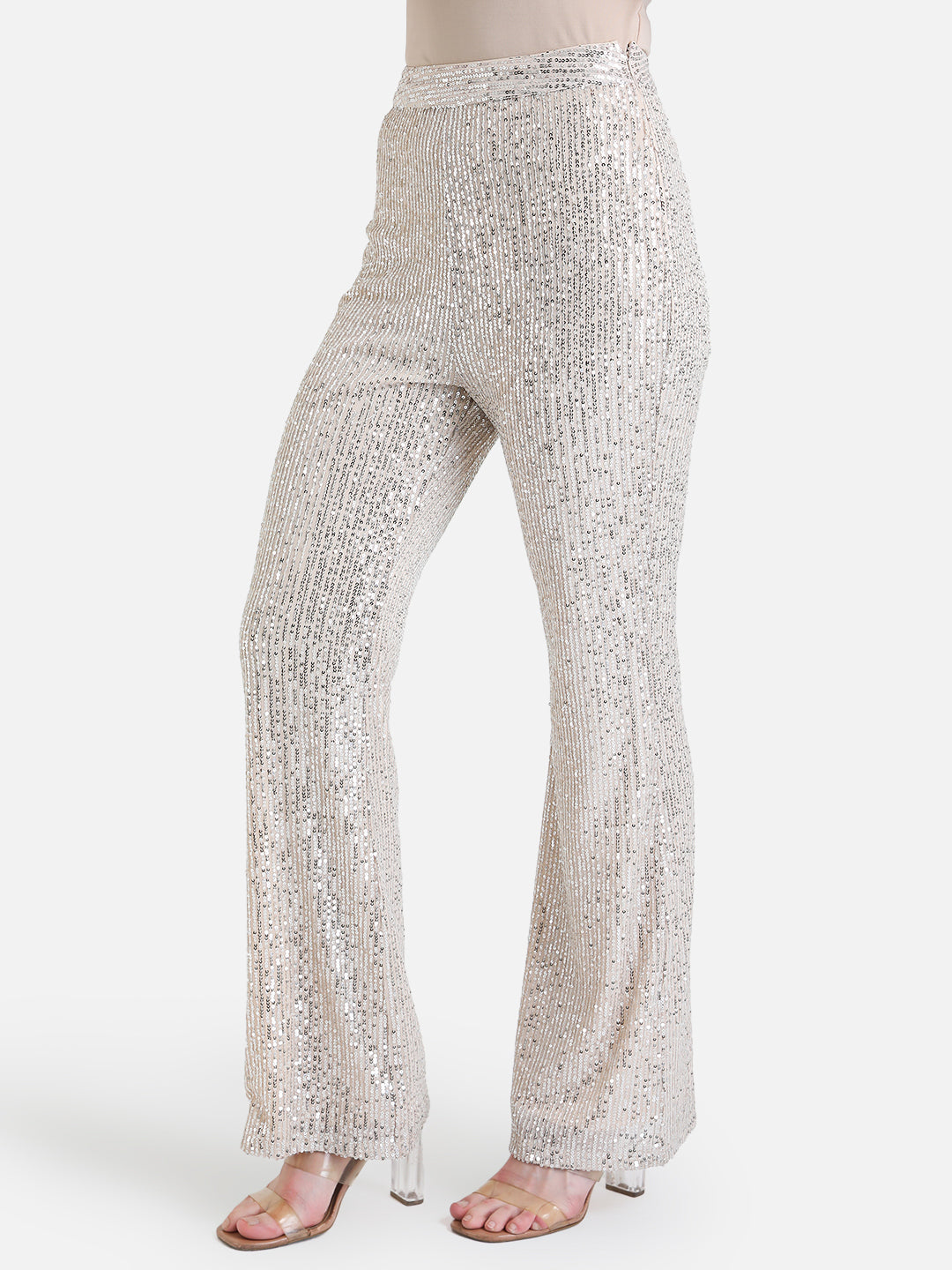Sequin High Waisted White Flared Trousers Sequin Flared Pants – KAZO