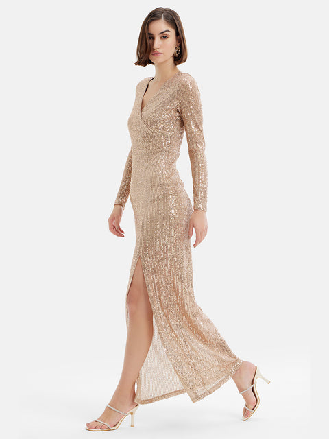 Full Sleeves Sequin Maxi Dress W Front Slit