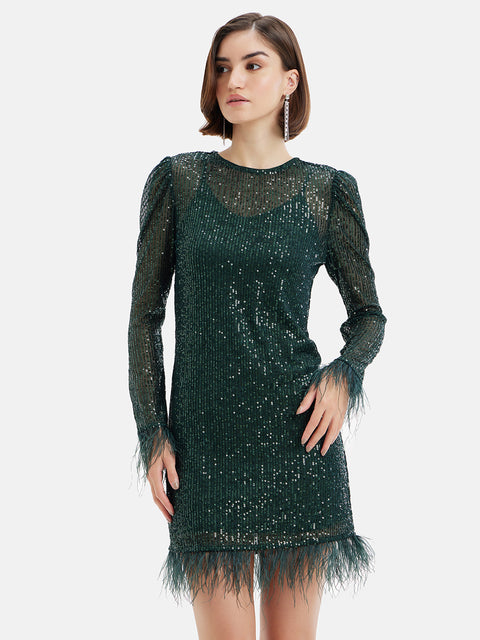 Sequin Shift Dress With Feathers