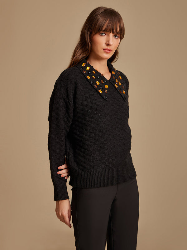 Textured Pullover With Collar And Embellishment